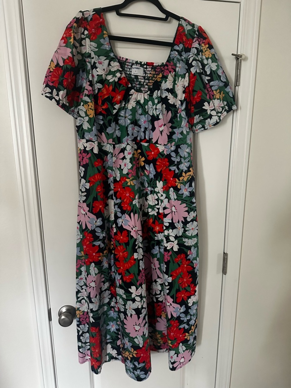 Old Navy Navy Floral Smocked Top with Red and Green Accents